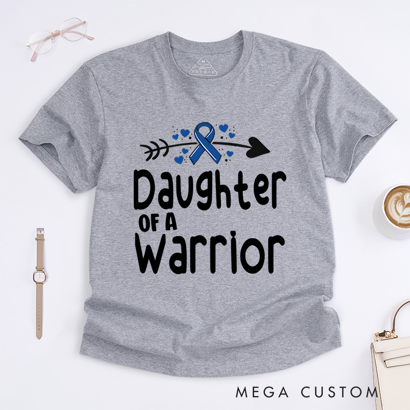 "Daughter of a Warrior" T-shirt celebrating resilience and strength with a ribbon and arrow Colon Cancer.