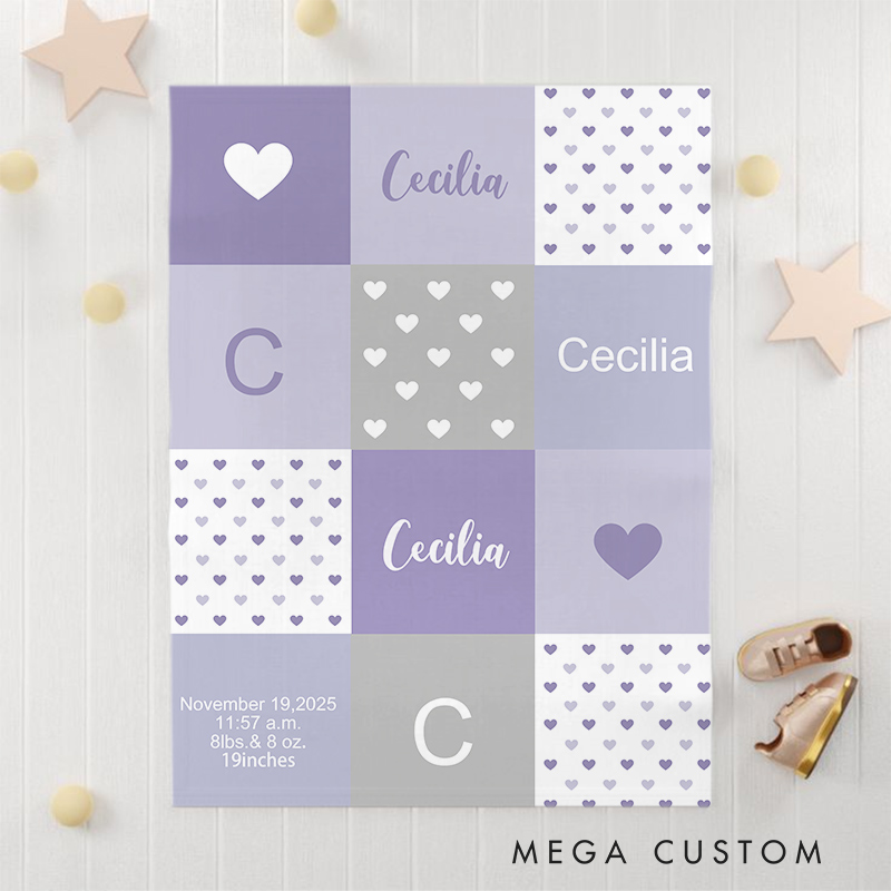 Personalized Baby Name Blanket - Soft Pastel Patchwork Design with Birth Details Baby  Keepsake