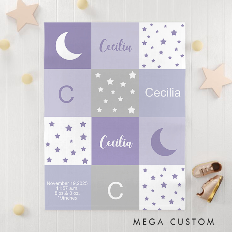 Personalized Baby Name Blanket - Soft Pastel Patchwork Design With Birth Details Moon And Stars Pattern Baby Keepsake