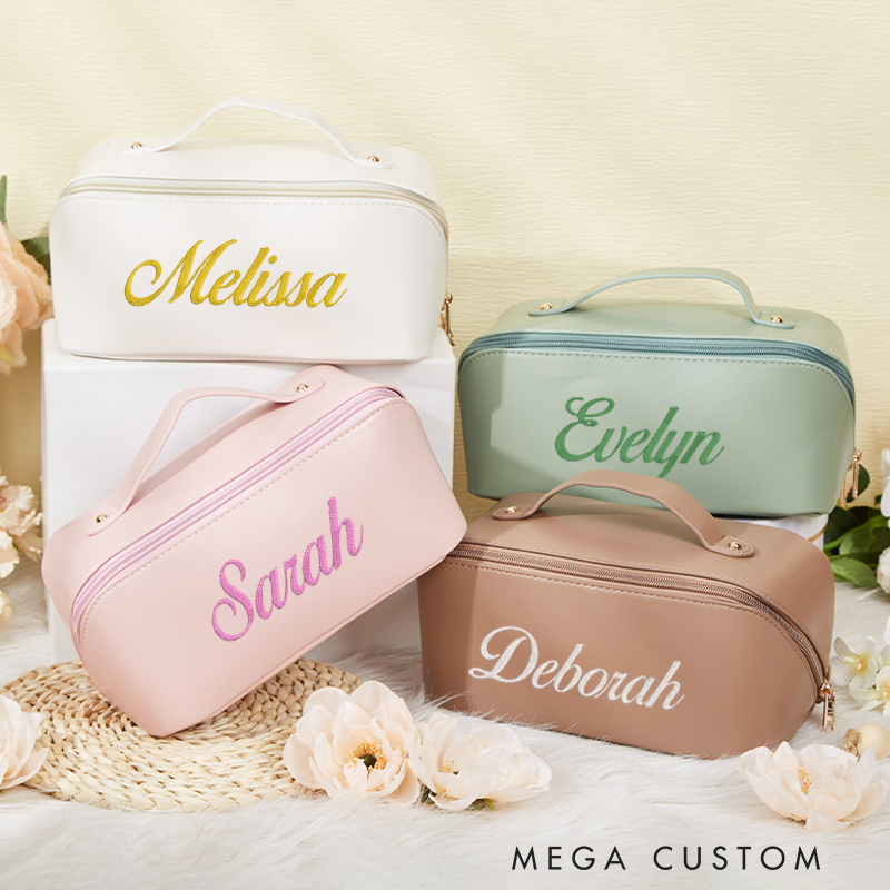 Personalized Embroidered Name Makeup Bag Leather Embroidered Cosmetic Bag Travel Gift For Her