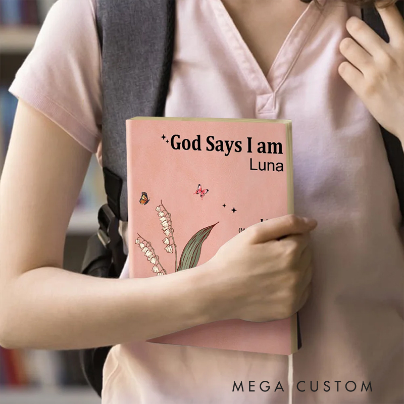 Personalized God Says I am Name Meaning on Bible Verse Leather Prayer Journal Notebook with Name Baptism Gift Thanksgiving Gift for Family Christians