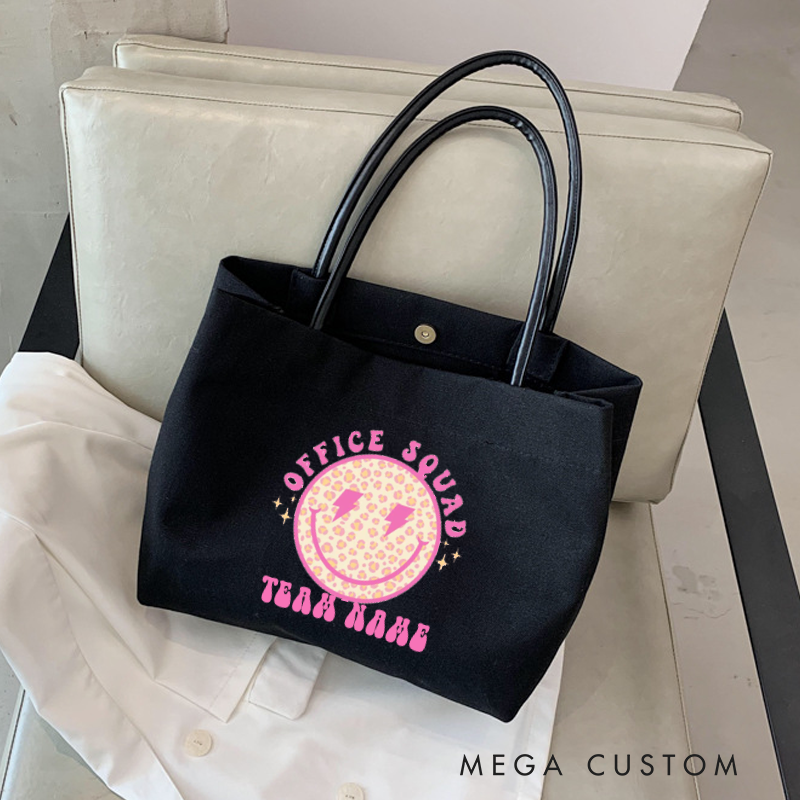 Personalized Office Squad Canvas Tote Bag Smiley Face Design Appreciation Gift for Coworker or Employee