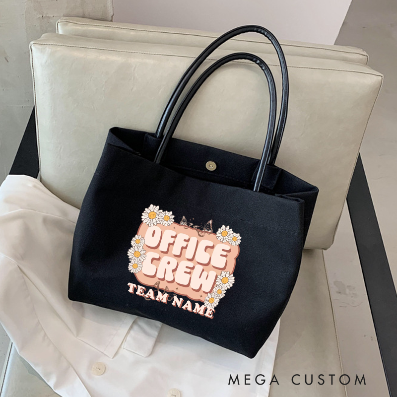 Personalized Office Crew Canvas Tote Bag Daisy Floral Design Appreciation Gift for Coworker or Employee