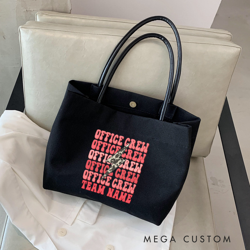 Personalized Office Crew Canvas Tote Bag Repeated Text Design Gift for Coworker or Employee
