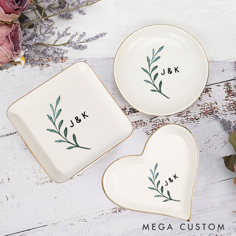 Personalized Watercolor Olive Branch with Initials Wedding Engagement Gold-Trimmed Ring Dishes