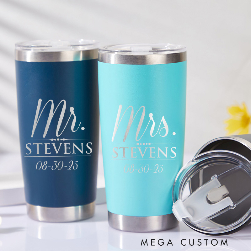 Personalized Mr and Mrs Wedding Couple Laser Engraved Insulated Tumblers