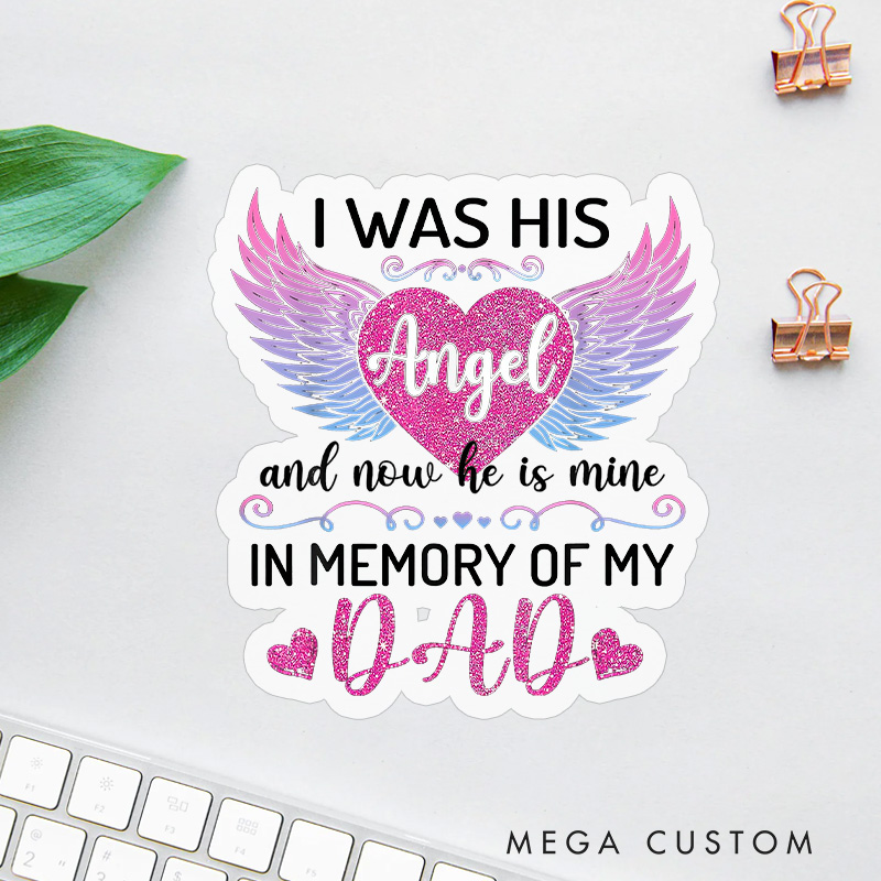 Personalized Custom Name Memorial Sticker I Was His Angel Gradient Wings Glitter Heart Sympathy Gift Loss of Custom Name Memories