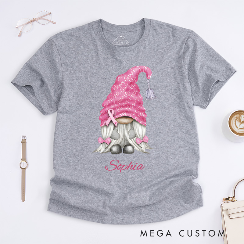 Personalized Breast Cancer Awareness Gnome Pink Ribbon T-Shirt Cancer Warrior Gift