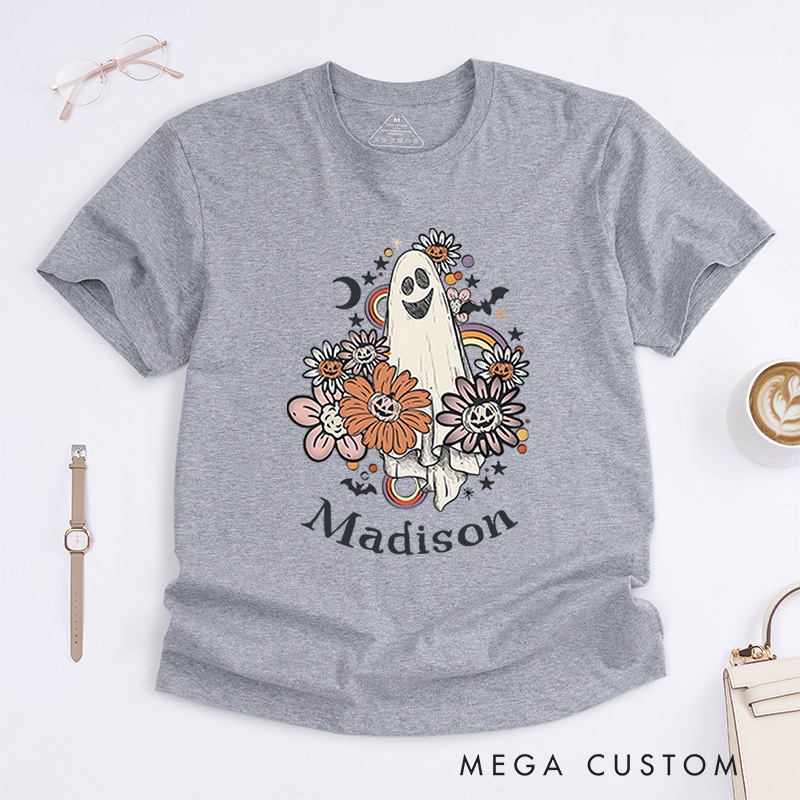 Personalized Floral Ghost Halloween T-Shirt Perfect for Adding Whimsy and Charm to Festive Outfits T-Shirt