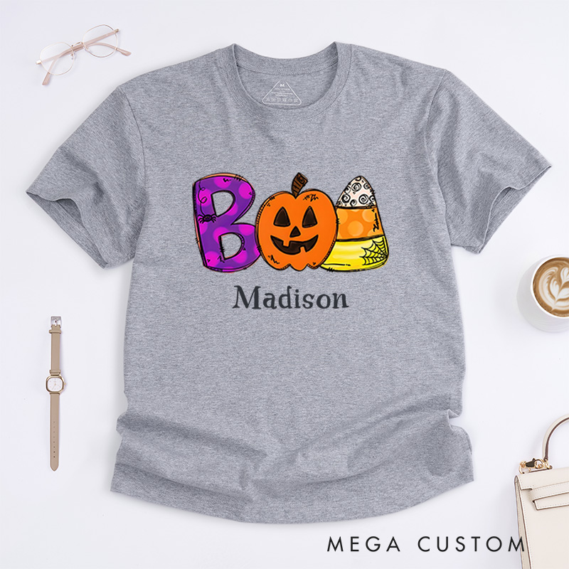 Personalized Boo and Candy Halloween T-Shirt Perfect for Fun and Playful Seasonal Vibes T-Shirt