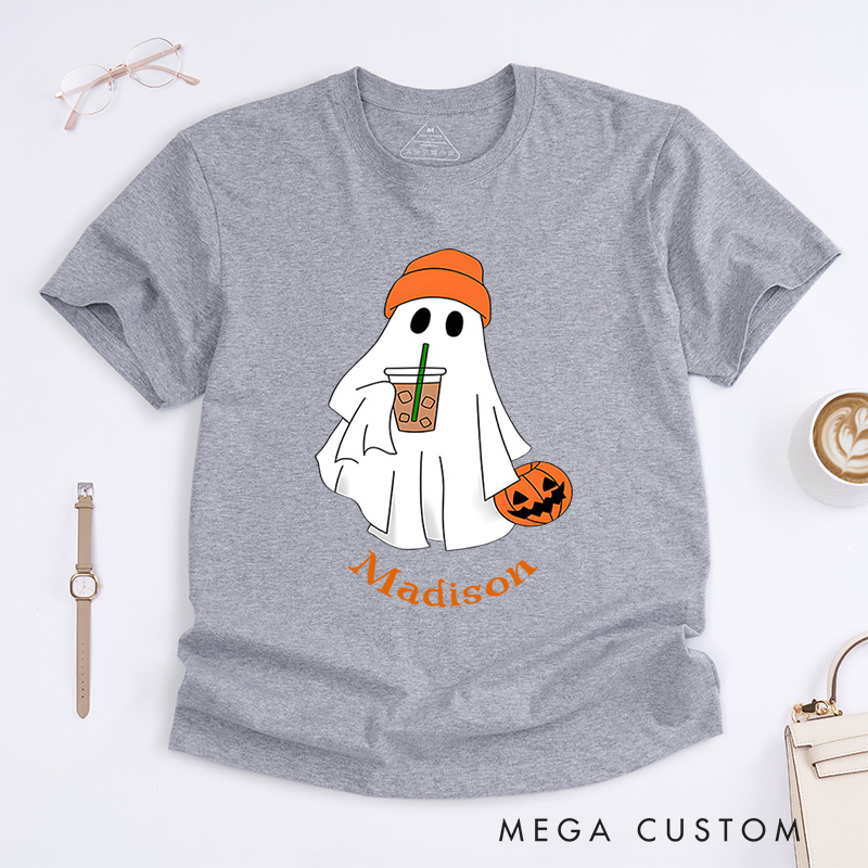 Personalized Ghost with Drink Halloween T-Shirt Perfect for Adding Humor and Charm to Festive Outfits T-Shirt