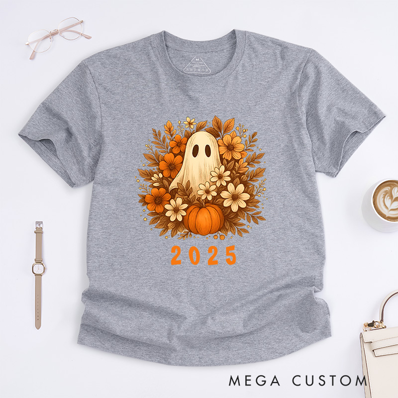 Personalized Ghost with Floral Wreath Halloween T-Shirt Perfect for Adding Elegance to Festive Outfits T-Shirt