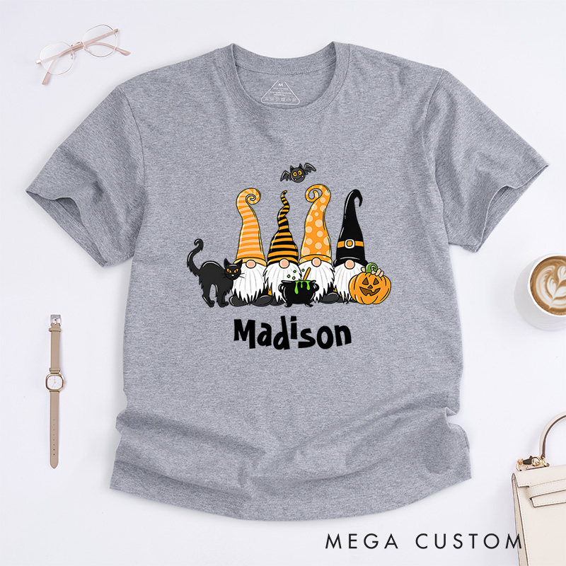 Personalized Halloween Gnomes and Pumpkins T-Shirt Perfect for Fun and Festive Seasonal Celebrations T-Shirt