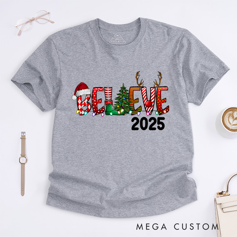 Personalized Believe with Holiday Icons and Reindeer Antlers Christmas T-Shirt