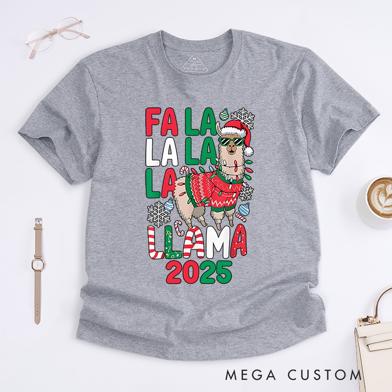 Personalized Fa La La Llama with Santa Hat and Scarf Christmas T-Shirt