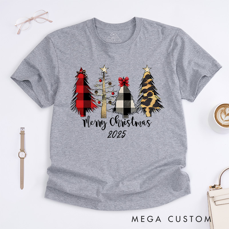 Personalized Plaid and Animal Print Christmas Trees with Bow Christmas T-Shirt