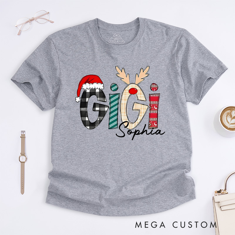 Personalized Gigi with Festive Patterns and Santa Hat Christmas T-Shirt