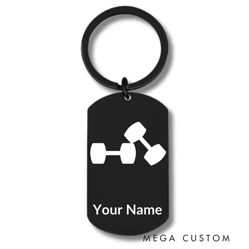 Personalized Engraved Metal Oval Keychain with Dumbbells Workout Stainless Steel Keychain for Gym Lovers