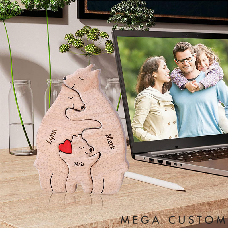 Personalized Carved Wooden Bear Family Jigsaw Puzzle, Wood Bear Figurines, Hugging Bear Family Keepsake Gift for Parents, Christmas Bear Decor