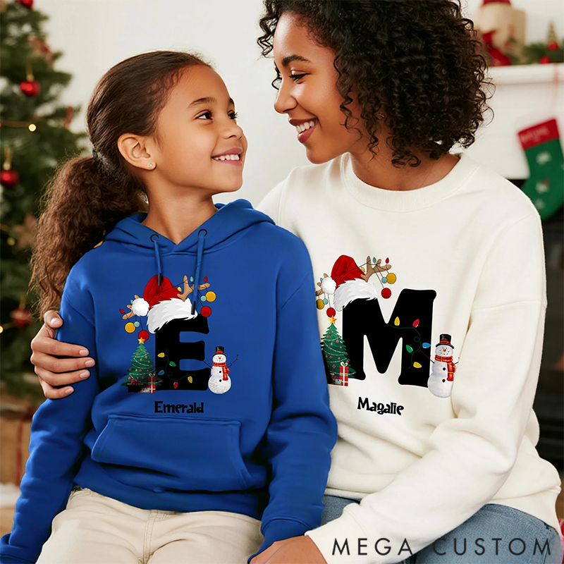 Personalized Christmas Trees Snowmen Multicolor Sweatshirt Hoodie with Initial and Name Christmas Gift for Family 
