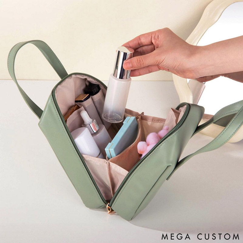 Personalized Birth Flower Name Portable PU Leather Makeup Bag with Handle and Multiple Compartments Travel Accessories Birthday Gift for Women Girls