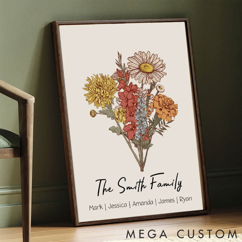 Personalized Family Flower Garden Print, Christmas Gift, Custom Birth Flower Bouquet Wall Art, Our Family Personalized Antique Flower Digital Print
