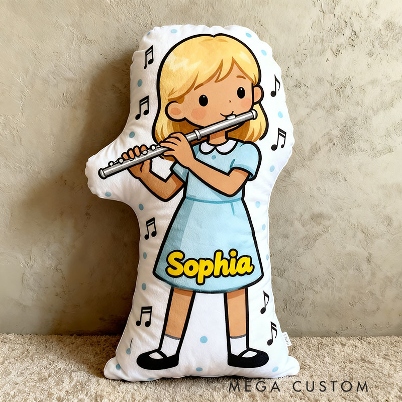 Personalized Flute Pillows with Customizable Skin Tone Hair Color and Name Soft Stuffed Toy for Kids Flute Lovers for Girls' Room and Music Room