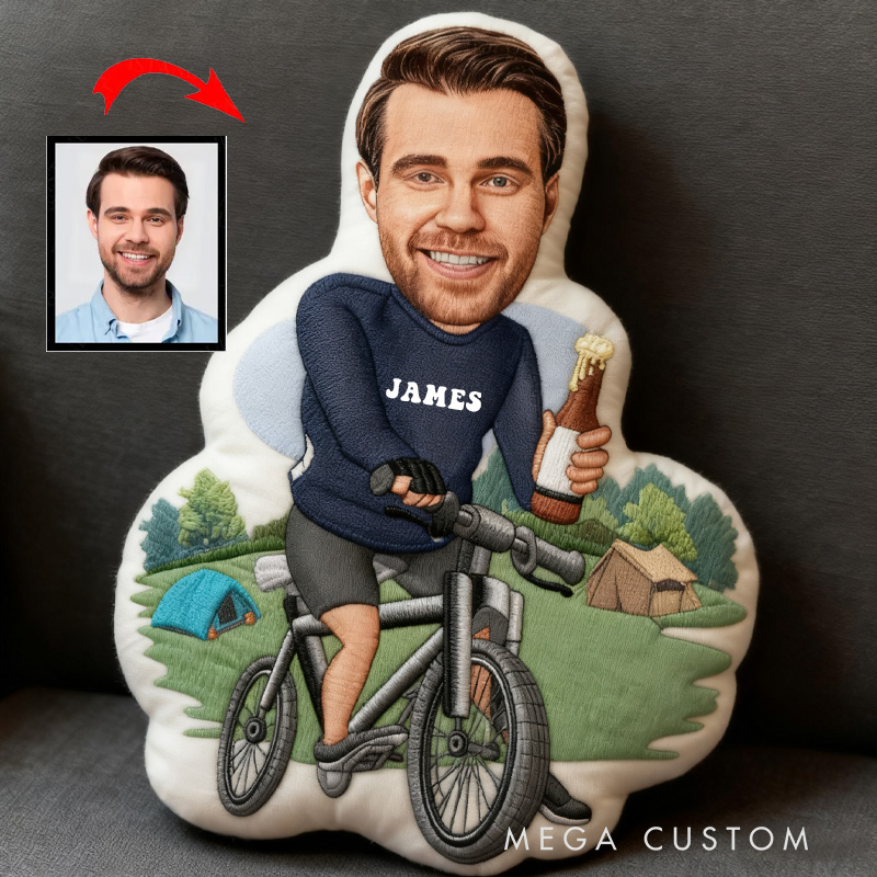 Personalized Photo Pillow Cartoon Cyclist Beer Graphic 3D Print Funny Letter Pillow Custom Name Pillow Comfortable Travel Cushion for Riders Riding Lovers