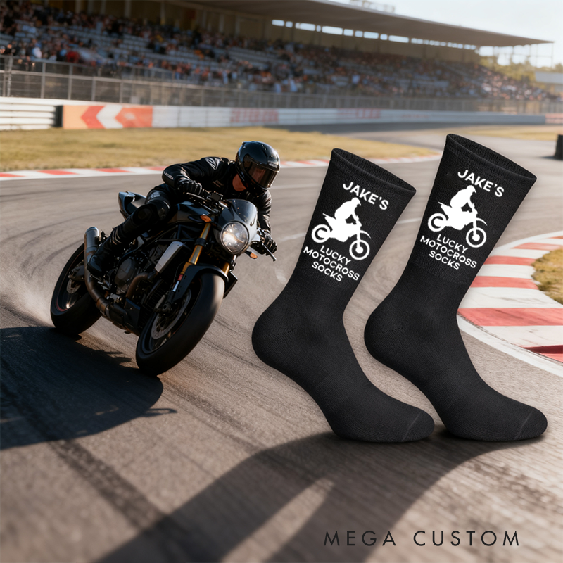 Personalized Lucky Motorcross Socks with Custom Name Motorcyclist Design Gift for Motorcyclists and Motorcycle Enthusiasts