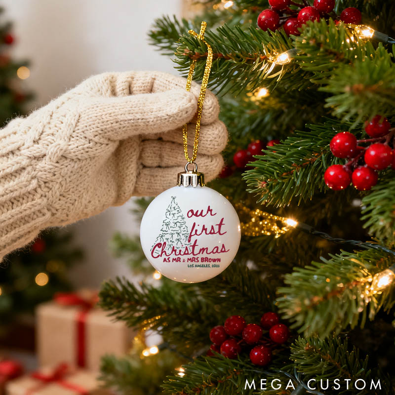 Personalized Our First Christmas as Mr and Mrs Christmas Ball Ornament Newlyweds Couple Tree Bow Married Xmas Ornament Christmas Gift for Him Her