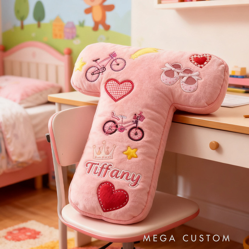 Personalized Cycling Pinky Heart Letter Pillow Graphic 3D Print Bow Letter Pillow Name Pillow Comfortable Travel Cushion for Riders Riding Lovers