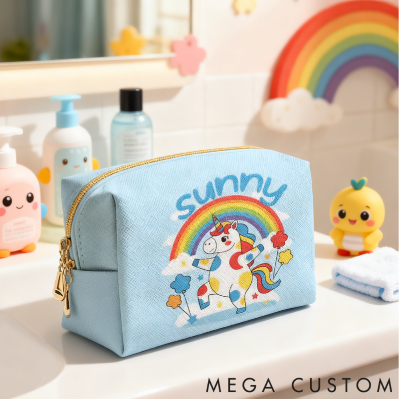 Personalized Funny Rainbow Unicorn Custom Name Toiletry Bag for Kids Travel and Daily Use