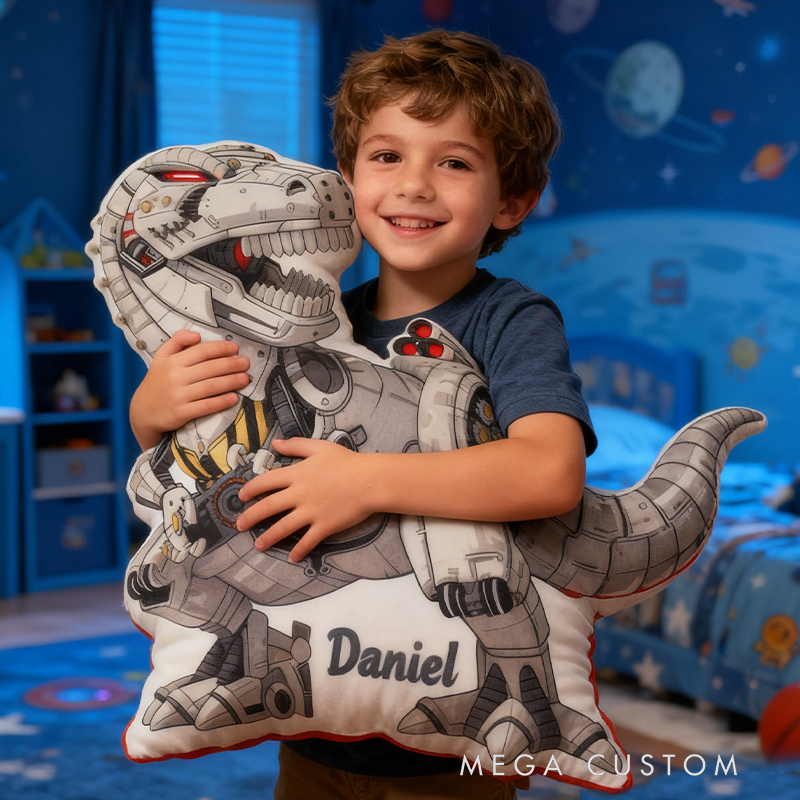 Personalized Robot Dinosaur Name Custom Soft Decorative Gift Futuristic Mechanical Style Fun Playful Cozy Boy Room Exciting Tech Power Jurassic Metal Graphic 3D Print Pillow