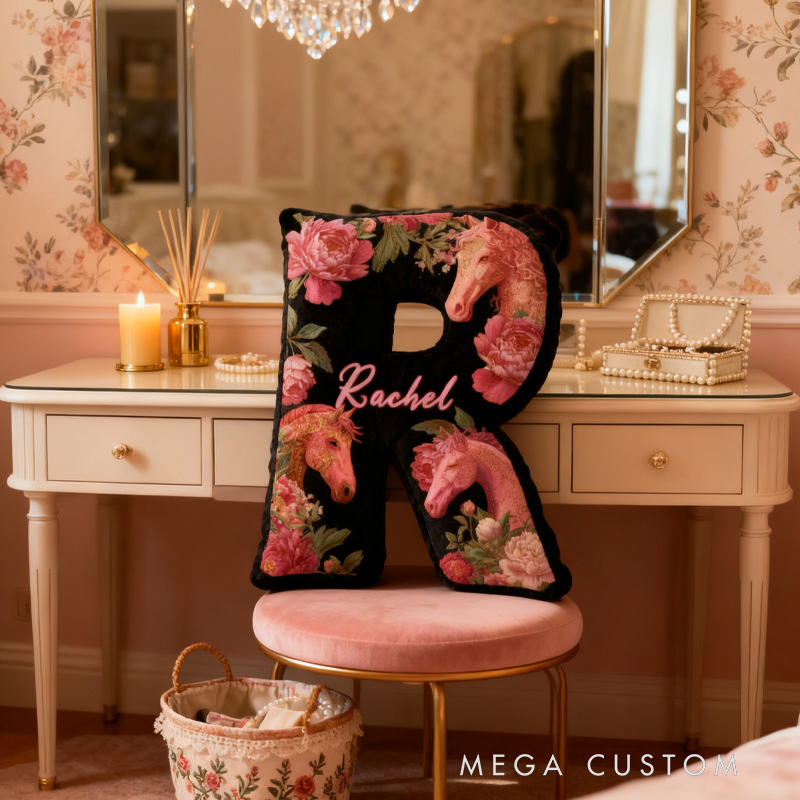 Personalized Riding Equestrian Floral Letter Pillow Horse Custom Name Festive Flower Decor with French Countryside Gifts for Family Graphic 3D Print for Riding Lovers Equestrian Lovers