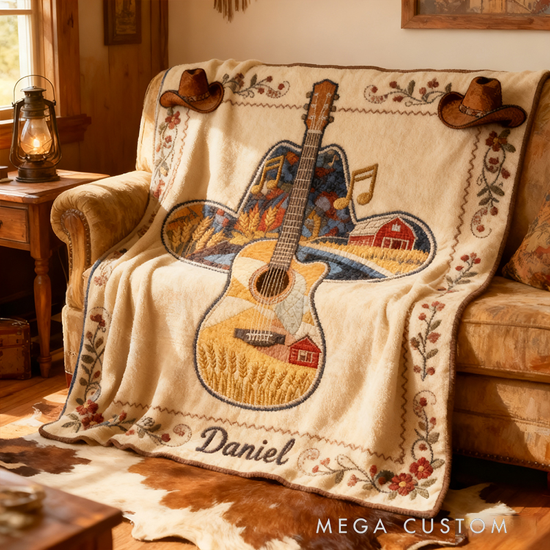 Personalized West Cowboy Guitar Blanket Flannel Blanket Country Music Blanket with Name for Him Her for Husband Wife Boyfriend Girlfriend Friends Familys