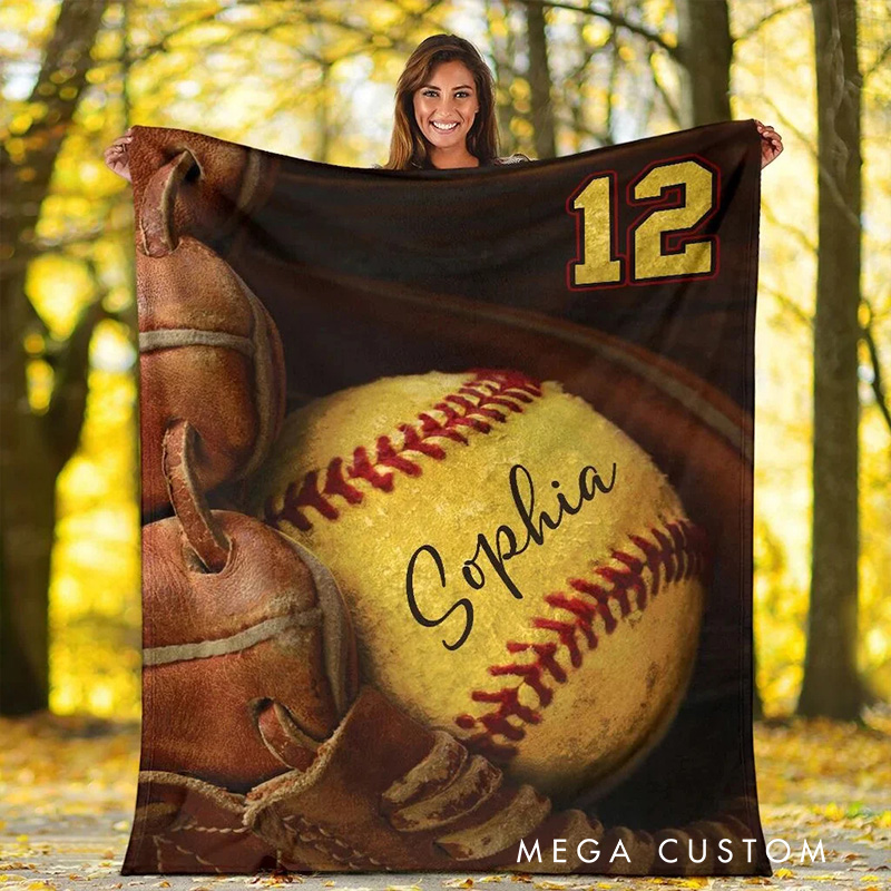 [Copy]Personalized Softball Blanket with Custom Name and Number Design