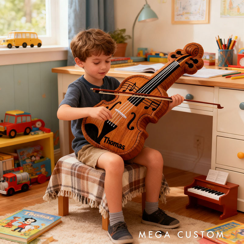Personalized Graphic 3D Print Violin Pillow With Your Own Name Soft Stuffed Toy for Kids Music Lovers Unique Decorative Cushion for Room and Music Room