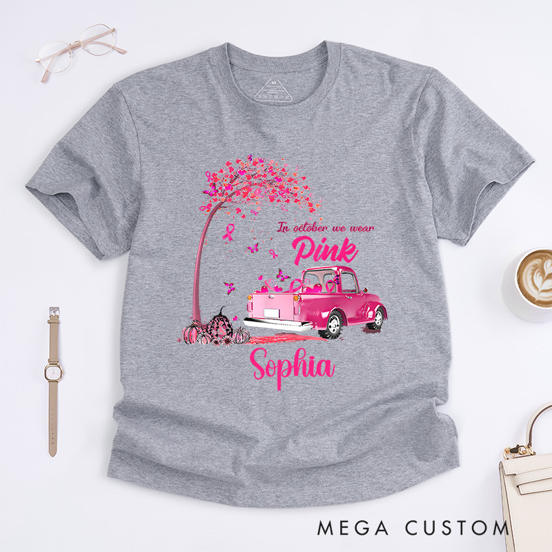Personalized In October We Wear Pink Vintage Car Breast Cancer T-shirt