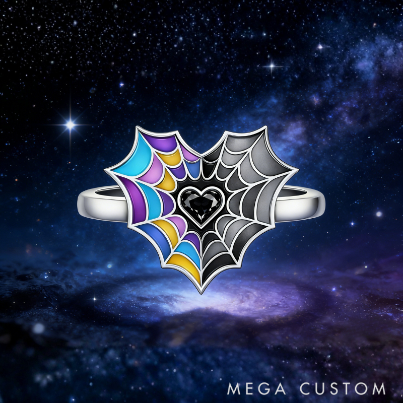 Personalized Birthstone Spiderweb Heart Ring Sterling Silver Ring Symbolic Jewelry Gift for Couples and Best Friends