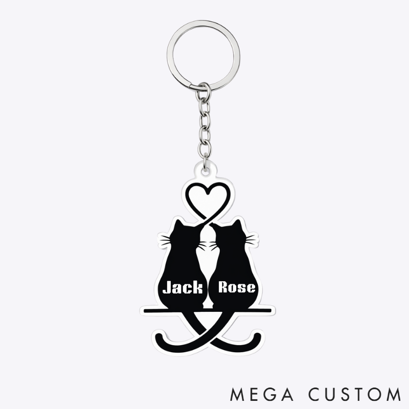 Personalized Snuggling Cats Keychain Couple Silhouette Engraved Key Ring Cute Gift for Couples Valentine's Day Present
