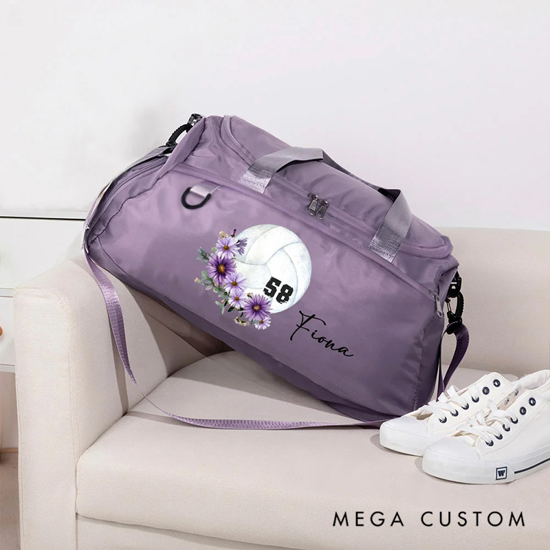 Personalized Volleyball Birth Flower Large Sport Duffle Bag with Shoe Compartment and Shoulder Strap Birthday Team Gift for Women Volleyball Lovers