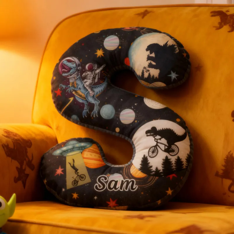 Personalized Dinosaur Space Bike Letter Pillow Graphic 3D Print Dino Galaxy Letter Pillow Name Pillow Comfortable Travel Cushion for Kids Riding Lovers