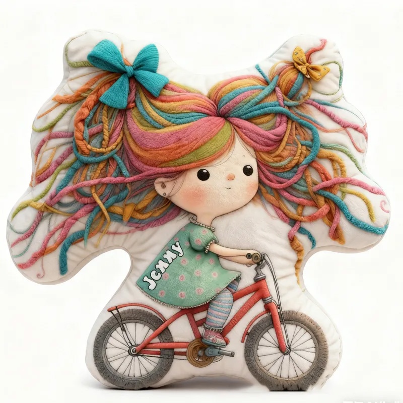 Personalized Quirky Girl Bike Pillow Rainbow Hair Cozy Graphic 3D Print Dreaming Princess Pillow Whimsical Girl Name Pillow Comfortable Travel Cushion for Kids Girls Riding Lovers