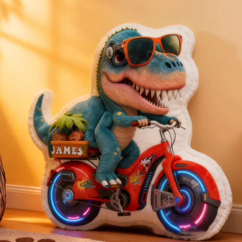 Personalized Dino Rider Bike Pillow Cozy Graphic 3D Print Cool Racing Biker Dino Pillow Name Pillow Comfortable Travel Cushion for Kids Boys Riding Lovers
