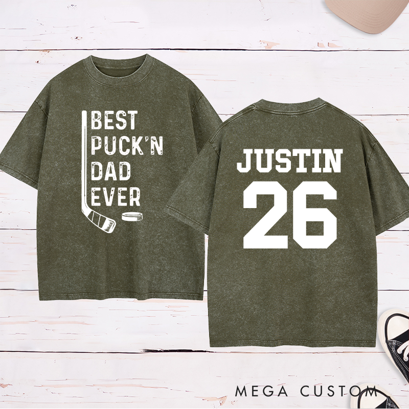Personalized "Best Puck'n Dad Ever" Hockey Washed T-Shirt with Custom Name and Number