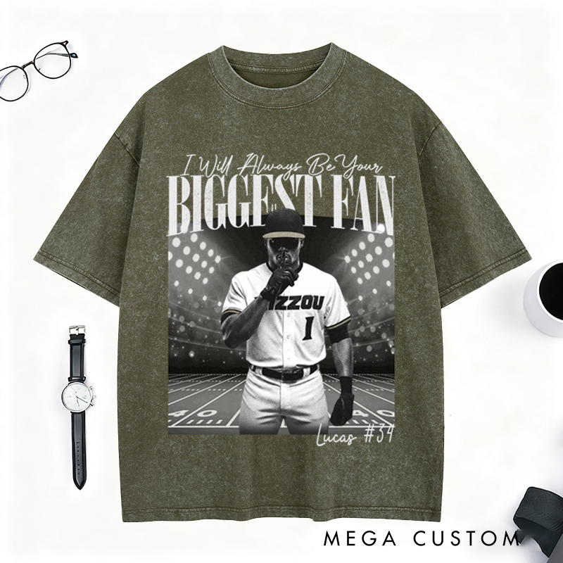 Personalized "I’ll Always Be Your Fan" Baseball Washed T-Shirt with Custom Photo and Name
