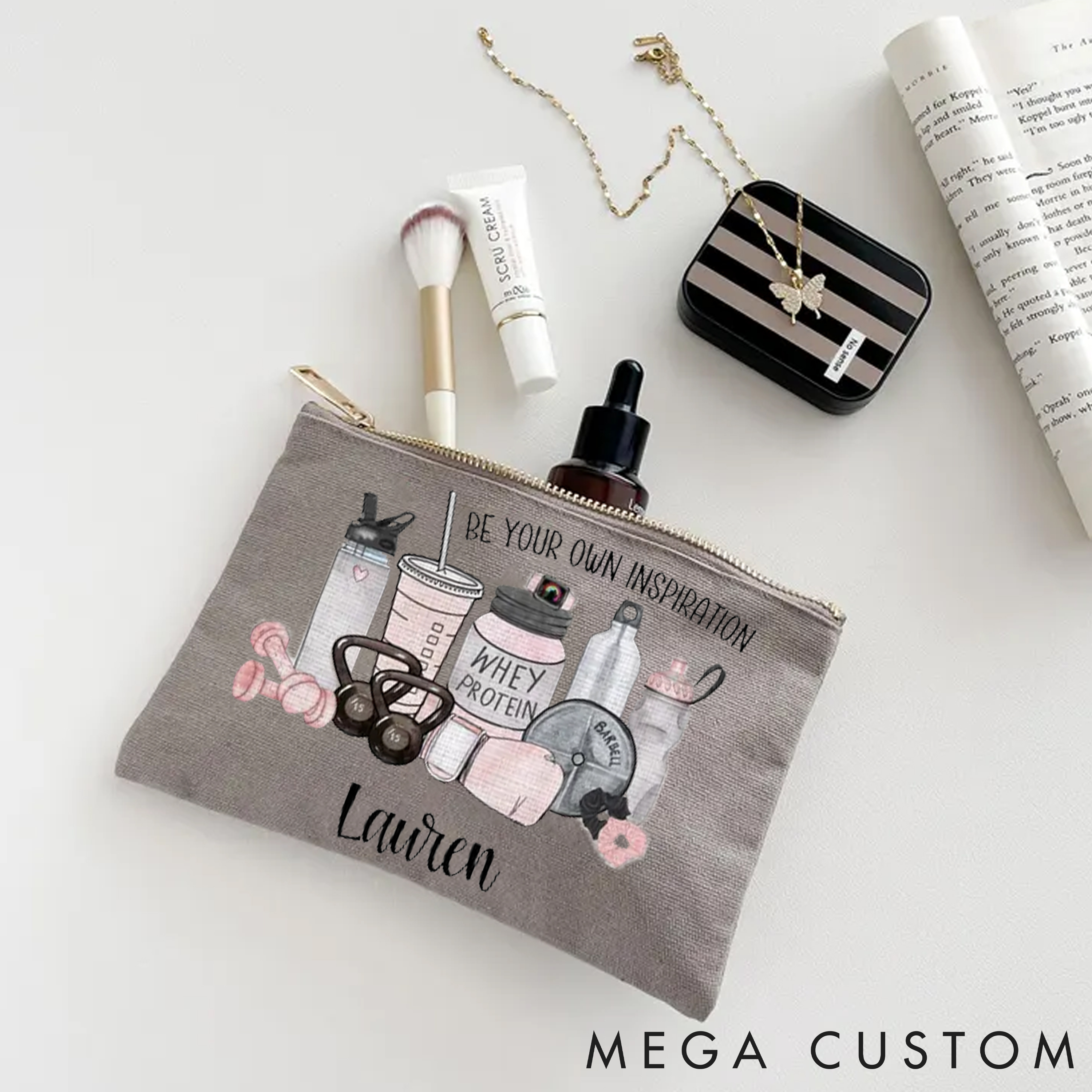 Personalized Fitness Makeup Bag with Be Your Own Inspiration Designs for Fitness Enthusiasts Bodybuilders and Gym Lovers