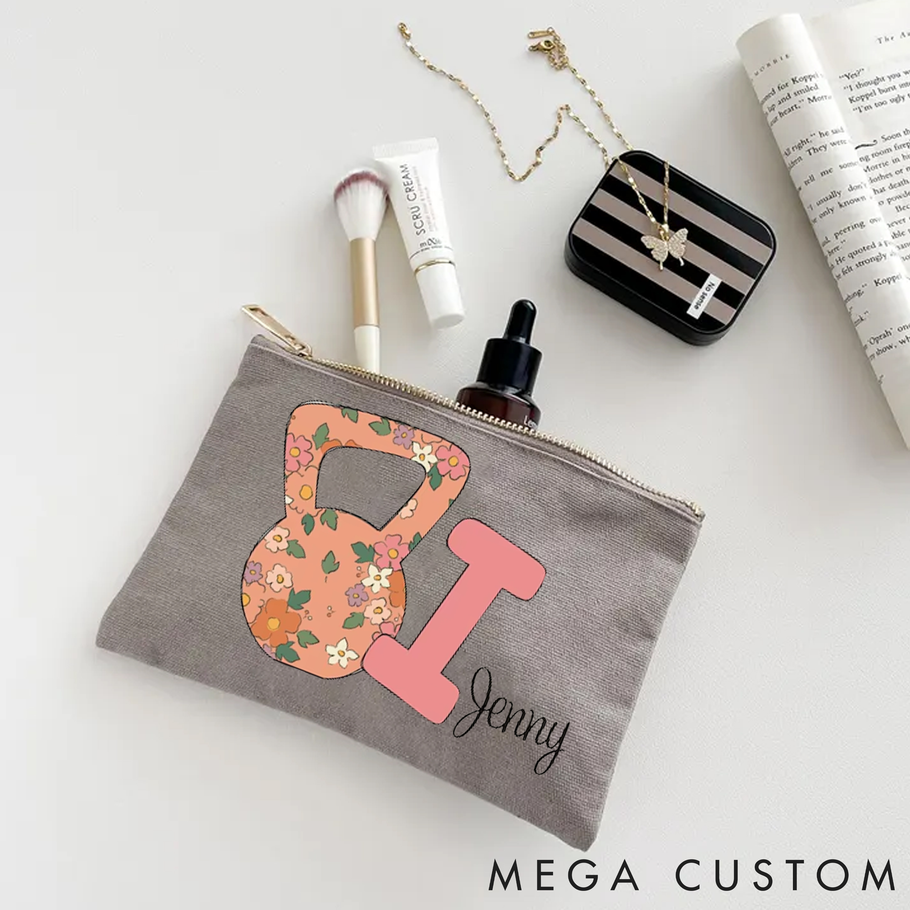 Personalized Floral Kettlebell Makeup Bag with Name for Fitness Enthusiasts Bodybuilders and Gym Lovers