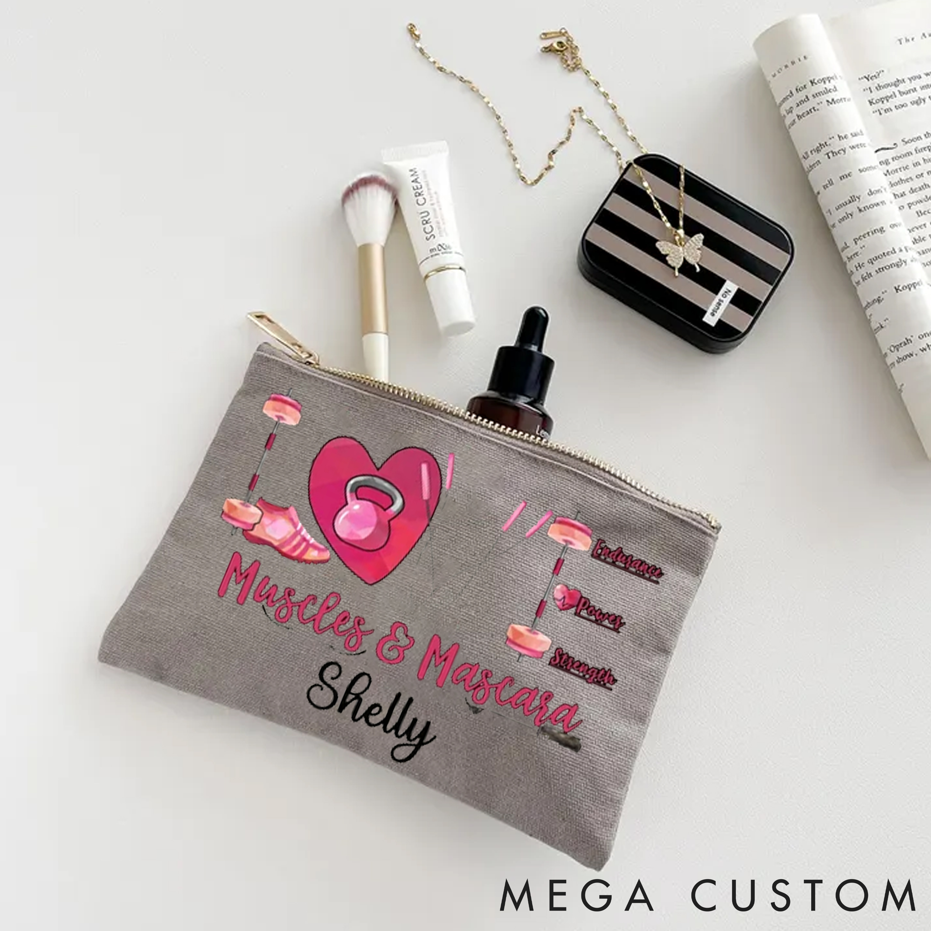 Personalized Muscles Mascara Makeup Bag with Fitness Pouch Name for Fitness Enthusiasts Bodybuilders and Gym Lovers