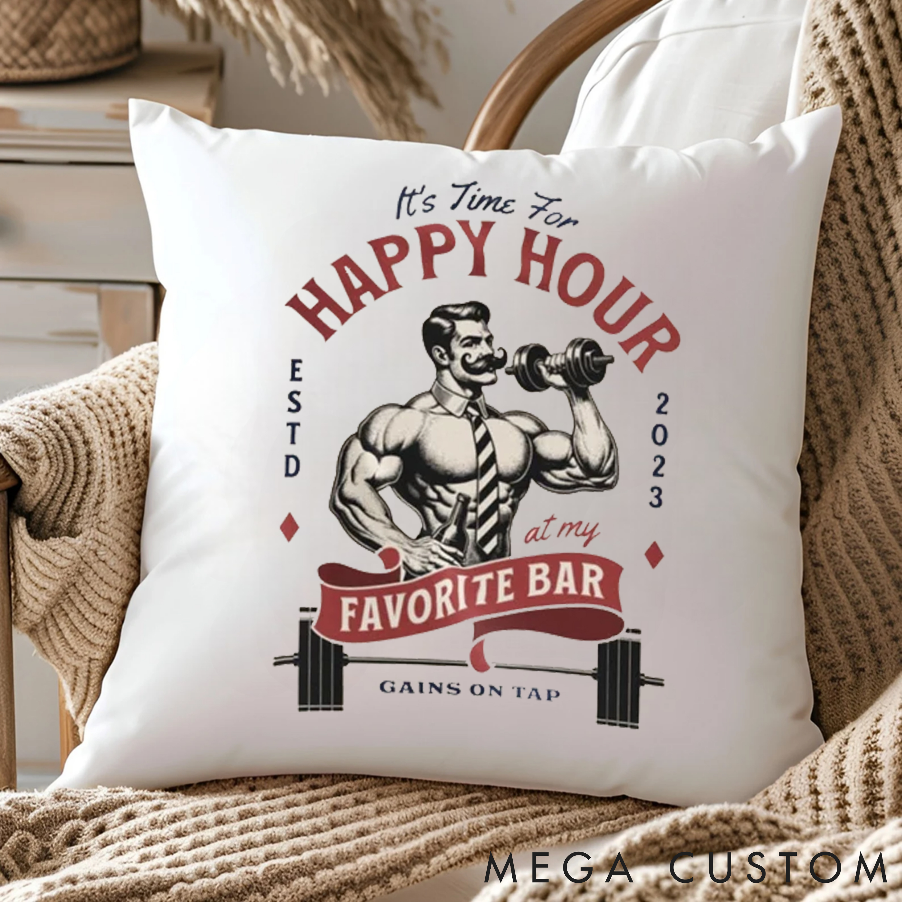Personalized Happy Hour Gym Pillow with Fitness Themed Decor for Fitness Enthusiasts Bodybuilders and Gym Lovers